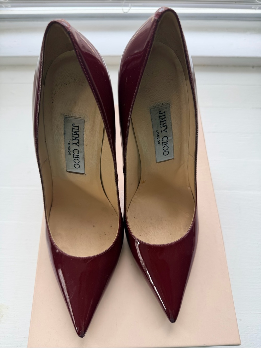 Jimmy Choo Patent Pointed-Toe Pumps in Burgundy